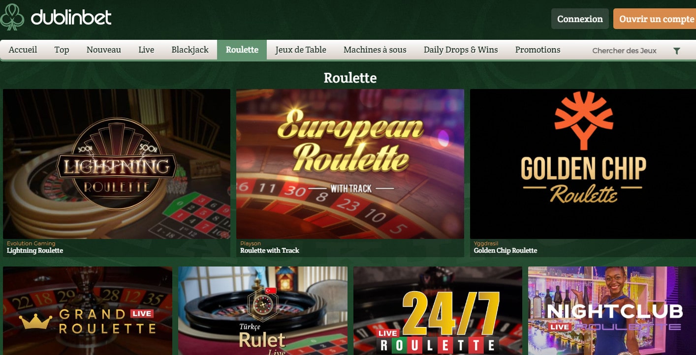 Page d'accueil du casino en live Dublinbet pour jouer a la roulette en ligne