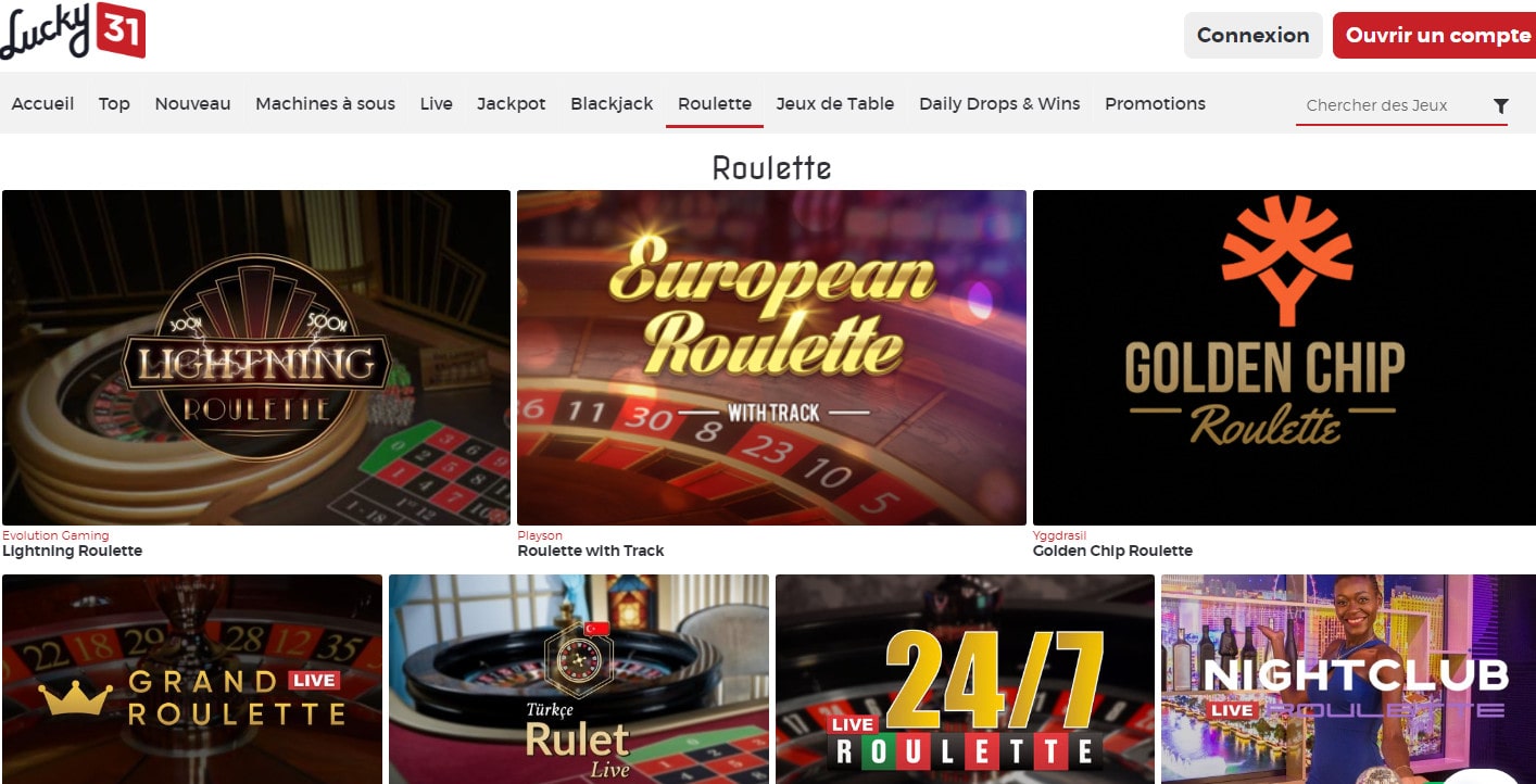 Page d'accueil du casino en live Lucky31 pour jouer a la roulette en ligne