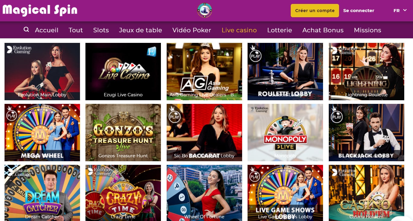 Page d'accueil du casino en live Magical Spin pour jouer a la roulette en ligne